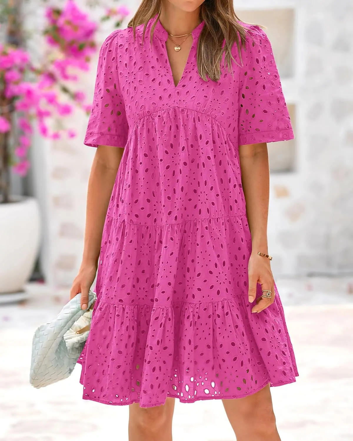 BTFBM Womens Boho Summer Dresses 2025 Resort V Neck Short Sleeve Hollow Out Lace Ruffle Casual Beach Mini Vacation Dress