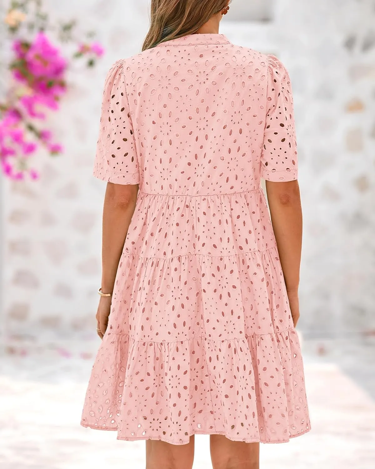 BTFBM Womens Boho Summer Dresses 2025 Resort V Neck Short Sleeve Hollow Out Lace Ruffle Casual Beach Mini Vacation Dress