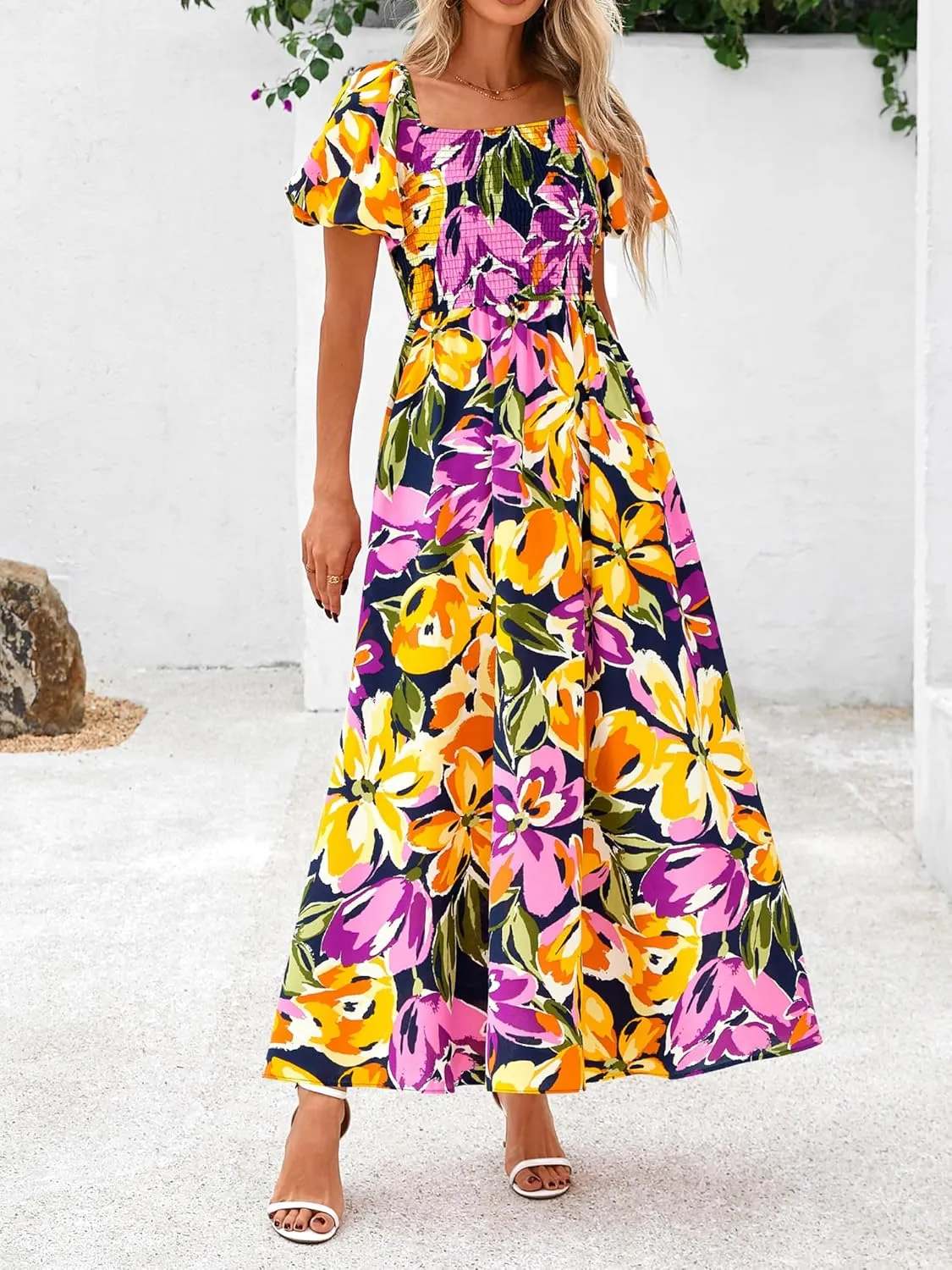 BTFBM Womens Summer 2025 Casual Maxi Dresses Short Sleeve Smocked Tiered Floral Boho Long Beach Dress with Pockets