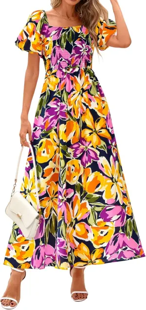 BTFBM Womens Summer 2025 Casual Maxi Dresses Short Sleeve Smocked Tiered Floral Boho Long Beach Dress with Pockets
