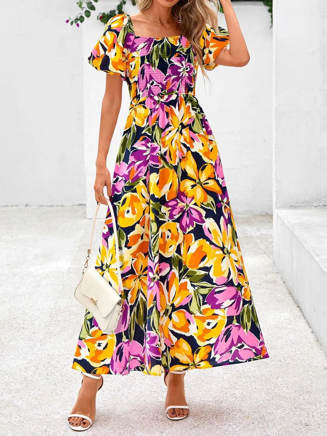 BTFBM Womens Summer 2025 Casual Maxi Dresses Short Sleeve Smocked Tiered Floral Boho Long Beach Dress with Pockets