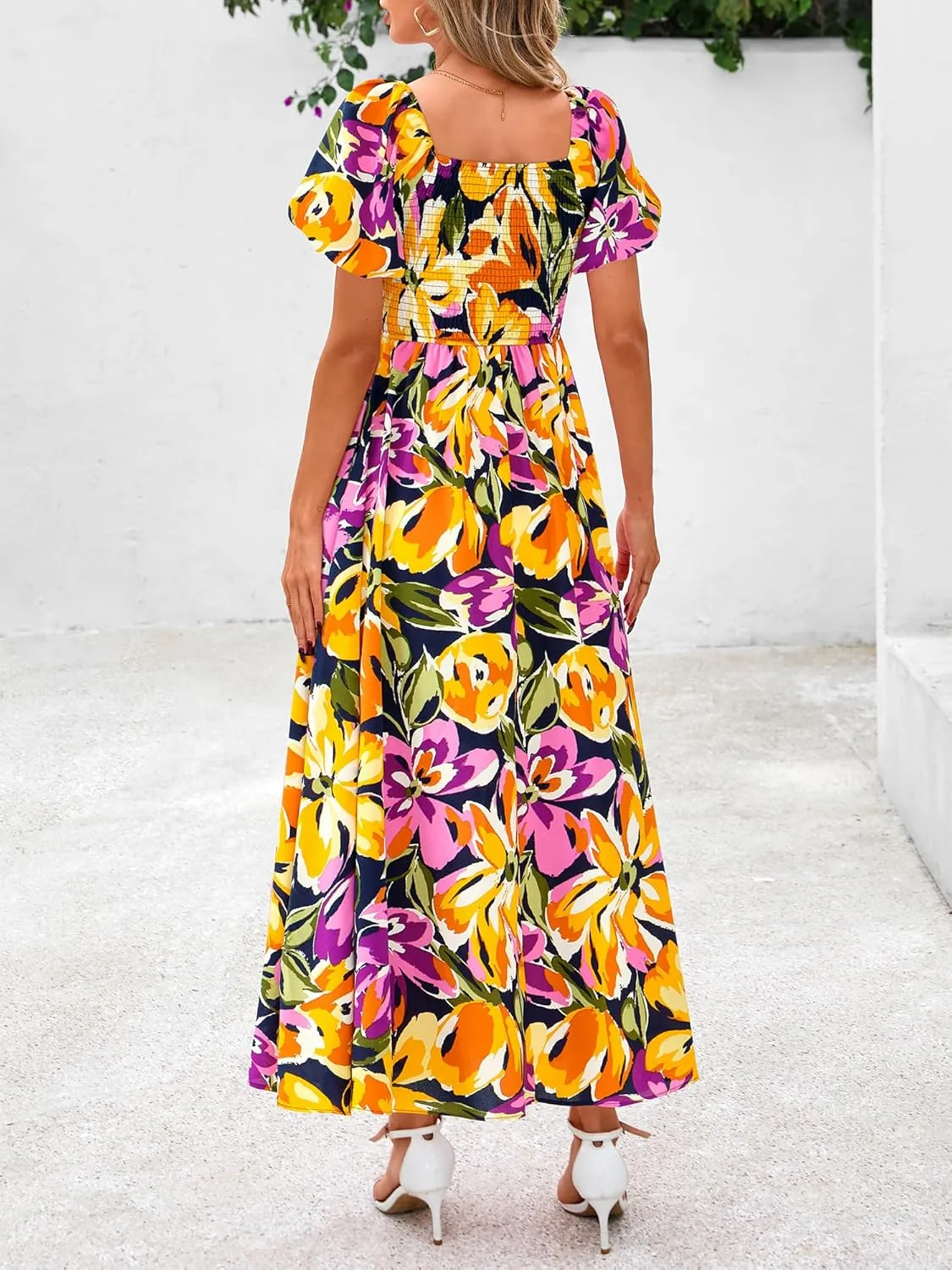 BTFBM Womens Summer 2025 Casual Maxi Dresses Short Sleeve Smocked Tiered Floral Boho Long Beach Dress with Pockets