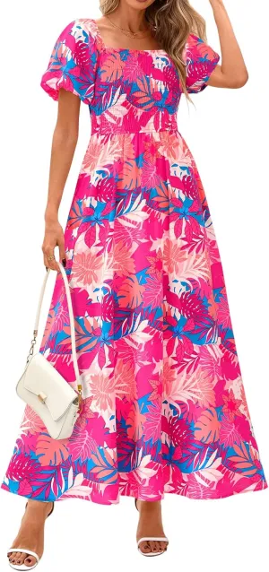 BTFBM Womens Summer 2025 Casual Maxi Dresses Short Sleeve Smocked Tiered Floral Boho Long Beach Dress with Pockets