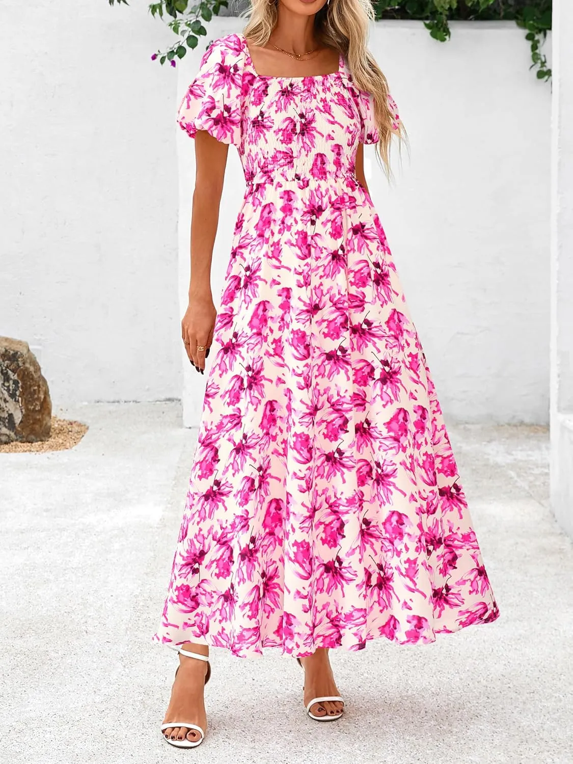 BTFBM Womens Summer 2025 Casual Maxi Dresses Short Sleeve Smocked Tiered Floral Boho Long Beach Dress with Pockets