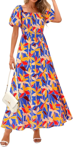 BTFBM Womens Summer 2025 Casual Maxi Dresses Short Sleeve Smocked Tiered Floral Boho Long Beach Dress with Pockets