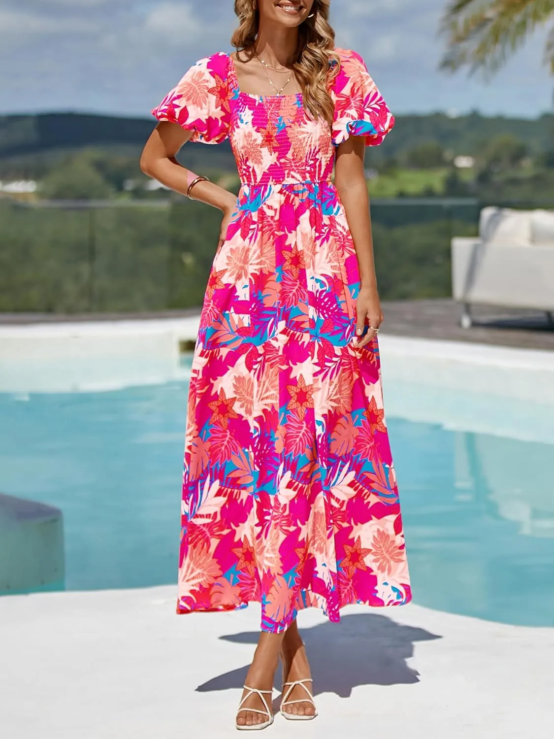 BTFBM Womens Summer 2025 Casual Maxi Dresses Short Sleeve Smocked Tiered Floral Boho Long Beach Dress with Pockets