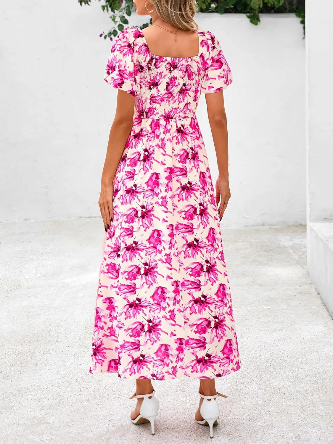 BTFBM Womens Summer 2025 Casual Maxi Dresses Short Sleeve Smocked Tiered Floral Boho Long Beach Dress with Pockets