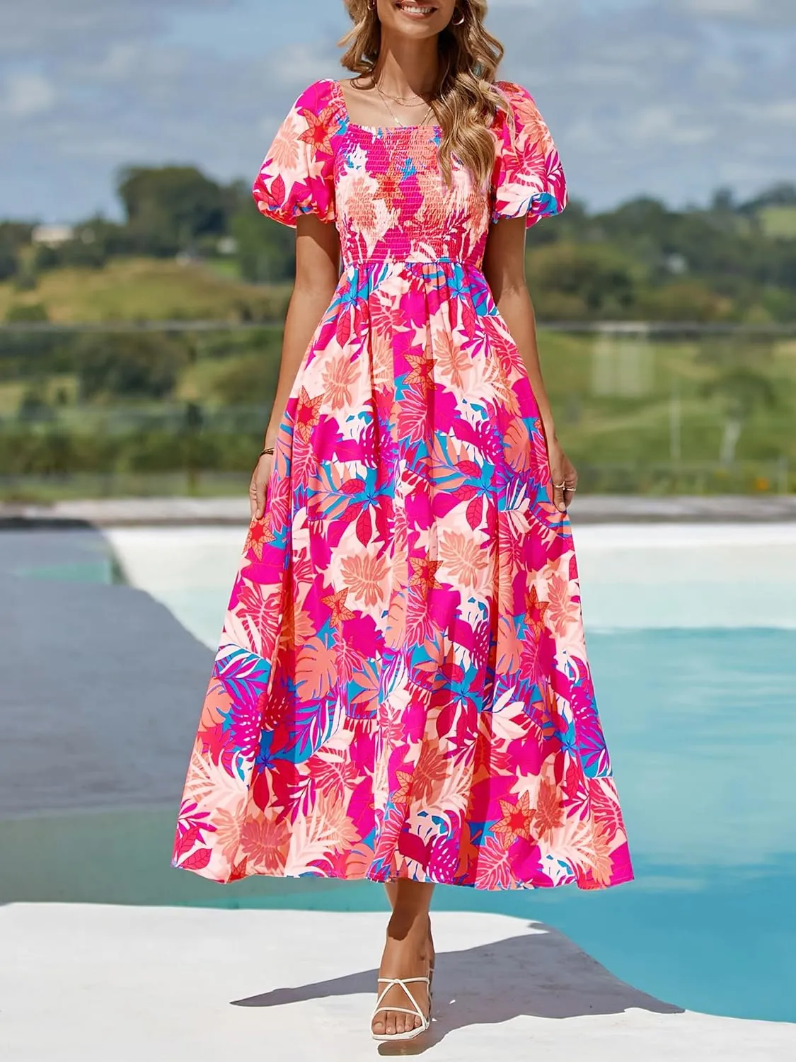 BTFBM Womens Summer 2025 Casual Maxi Dresses Short Sleeve Smocked Tiered Floral Boho Long Beach Dress with Pockets