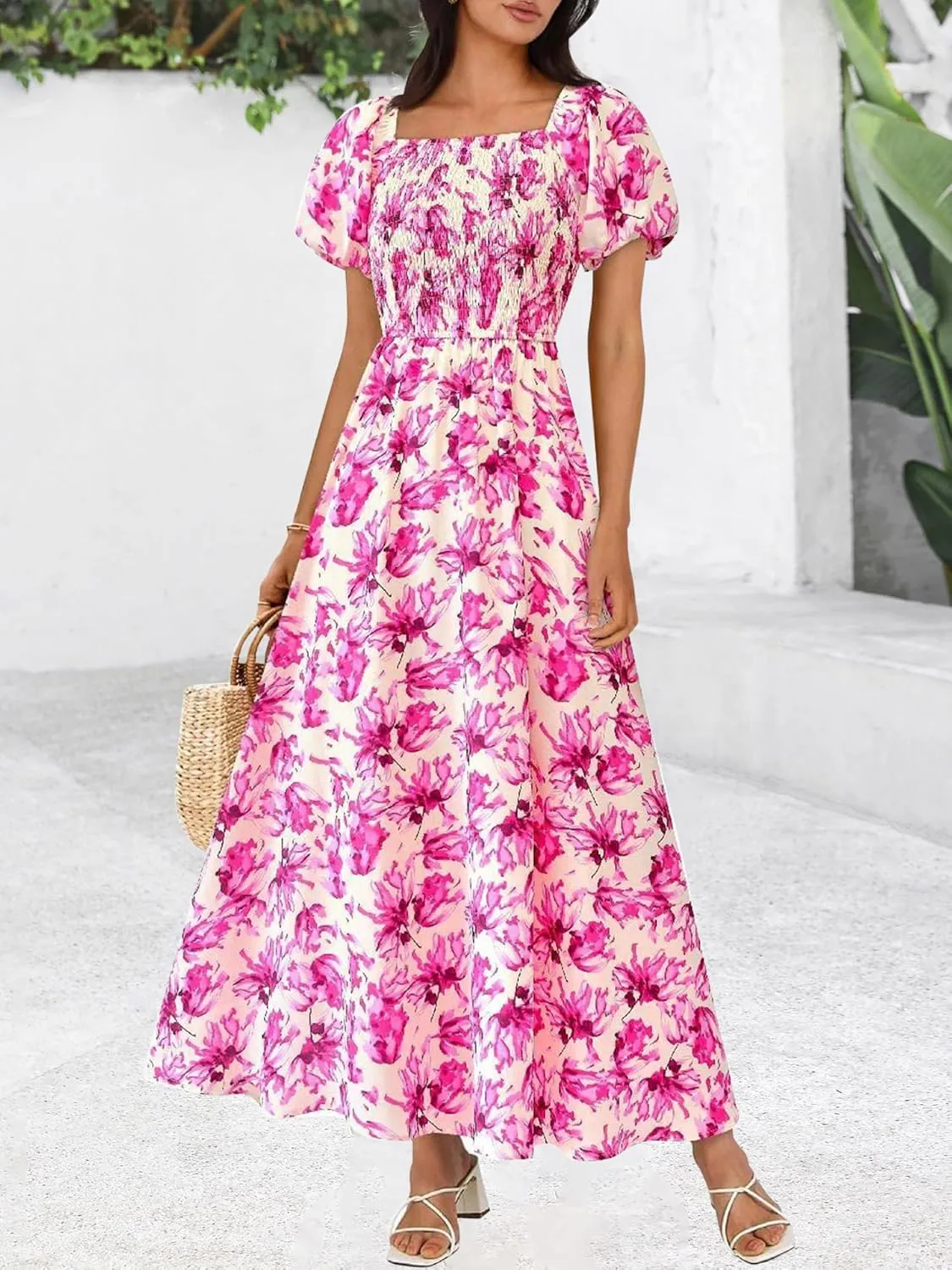 BTFBM Womens Summer 2025 Casual Maxi Dresses Short Sleeve Smocked Tiered Floral Boho Long Beach Dress with Pockets