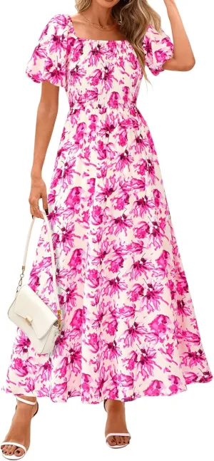BTFBM Womens Summer 2025 Casual Maxi Dresses Short Sleeve Smocked Tiered Floral Boho Long Beach Dress with Pockets