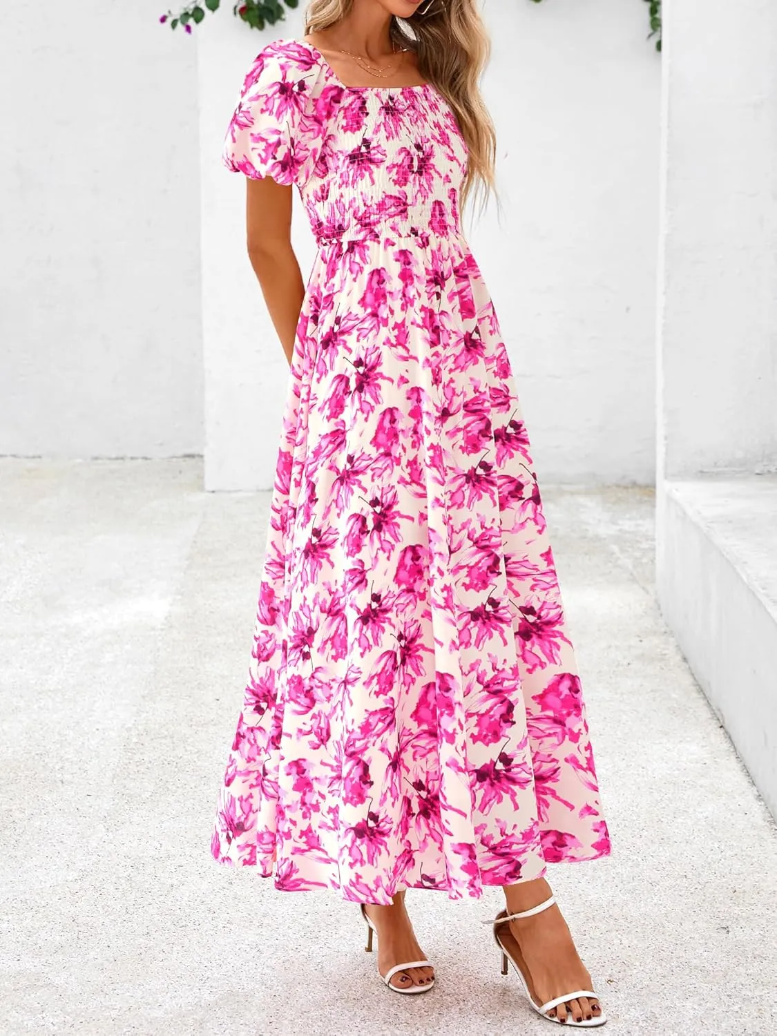 BTFBM Womens Summer 2025 Casual Maxi Dresses Short Sleeve Smocked Tiered Floral Boho Long Beach Dress with Pockets
