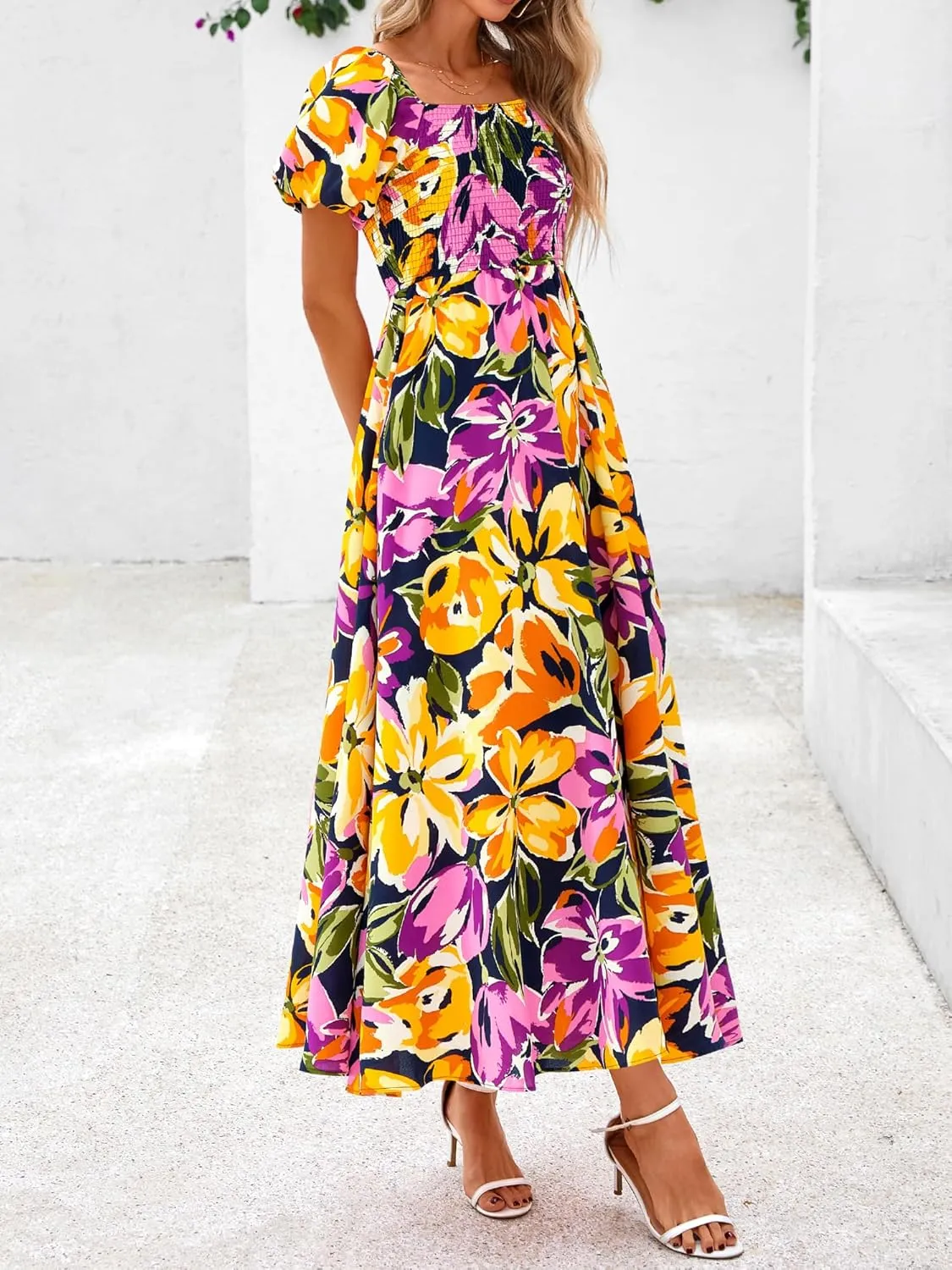 BTFBM Womens Summer 2025 Casual Maxi Dresses Short Sleeve Smocked Tiered Floral Boho Long Beach Dress with Pockets
