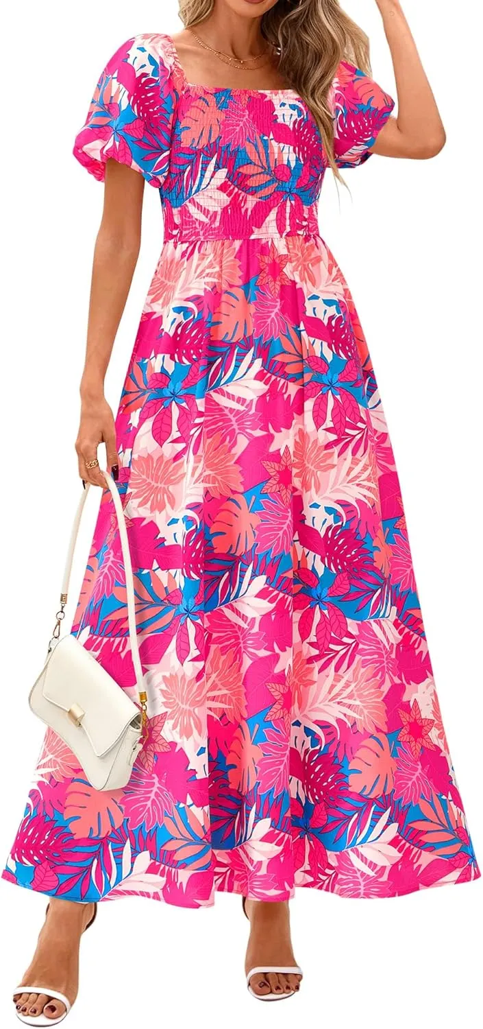 BTFBM Womens Summer 2025 Casual Maxi Dresses Short Sleeve Smocked Tiered Floral Boho Long Beach Dress with Pockets