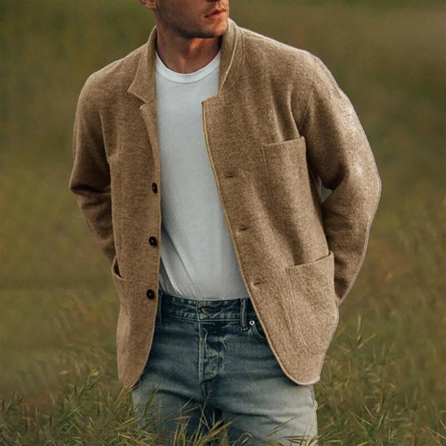 Button Up Casual Cardigan Sweater for Men Long Sleeve Open Front Coatigans Lightweight Plain Lapel Collar Outwear