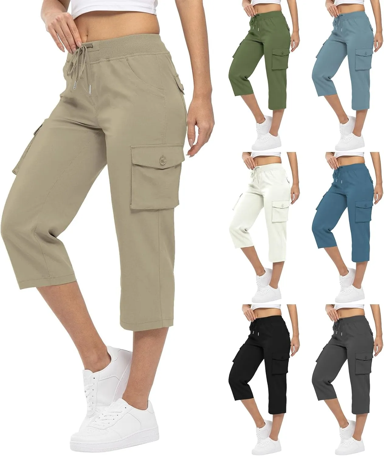 Cargo Capris for Women Casual Summer Drawstring Waisted Hiking Jogger Capris Dressy Lightweight Loose Fit Cargo Pants