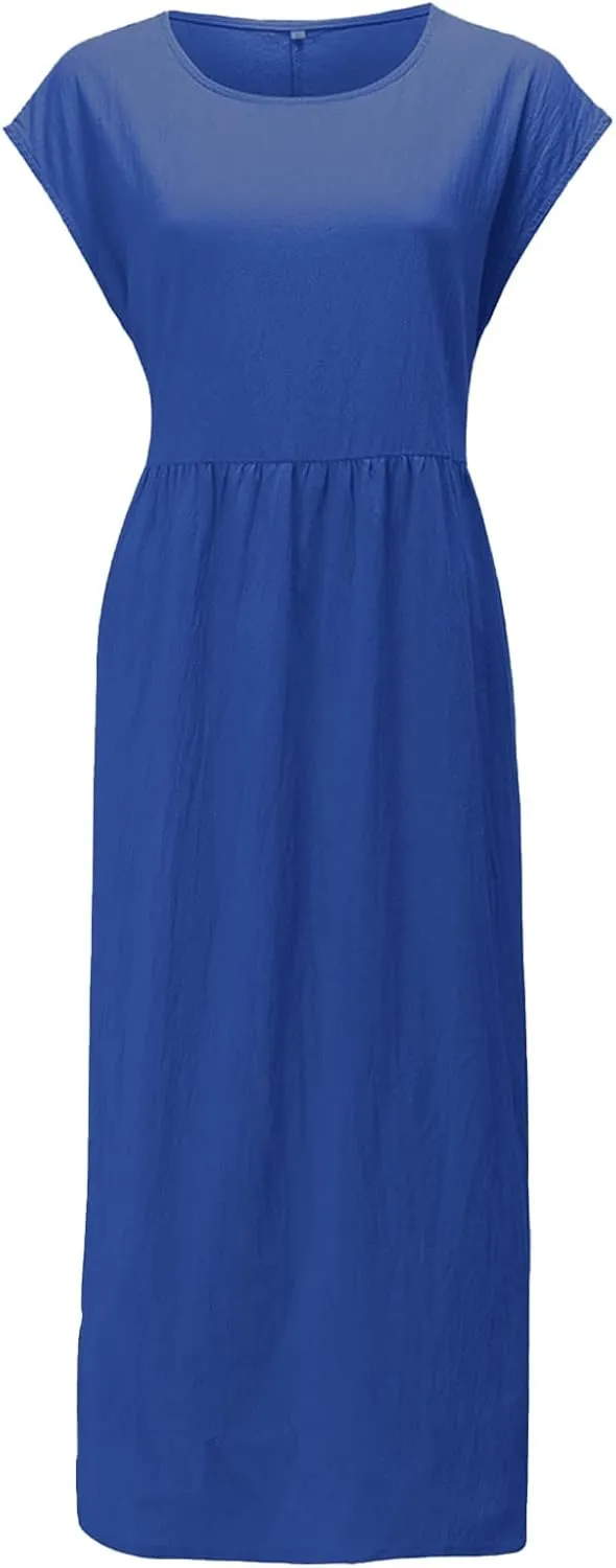 Cotton Dresses with Pockets for Women Casual Summer Midi Dress Solid Plus Size Short Sleeve Knee Length T Shirt Dress