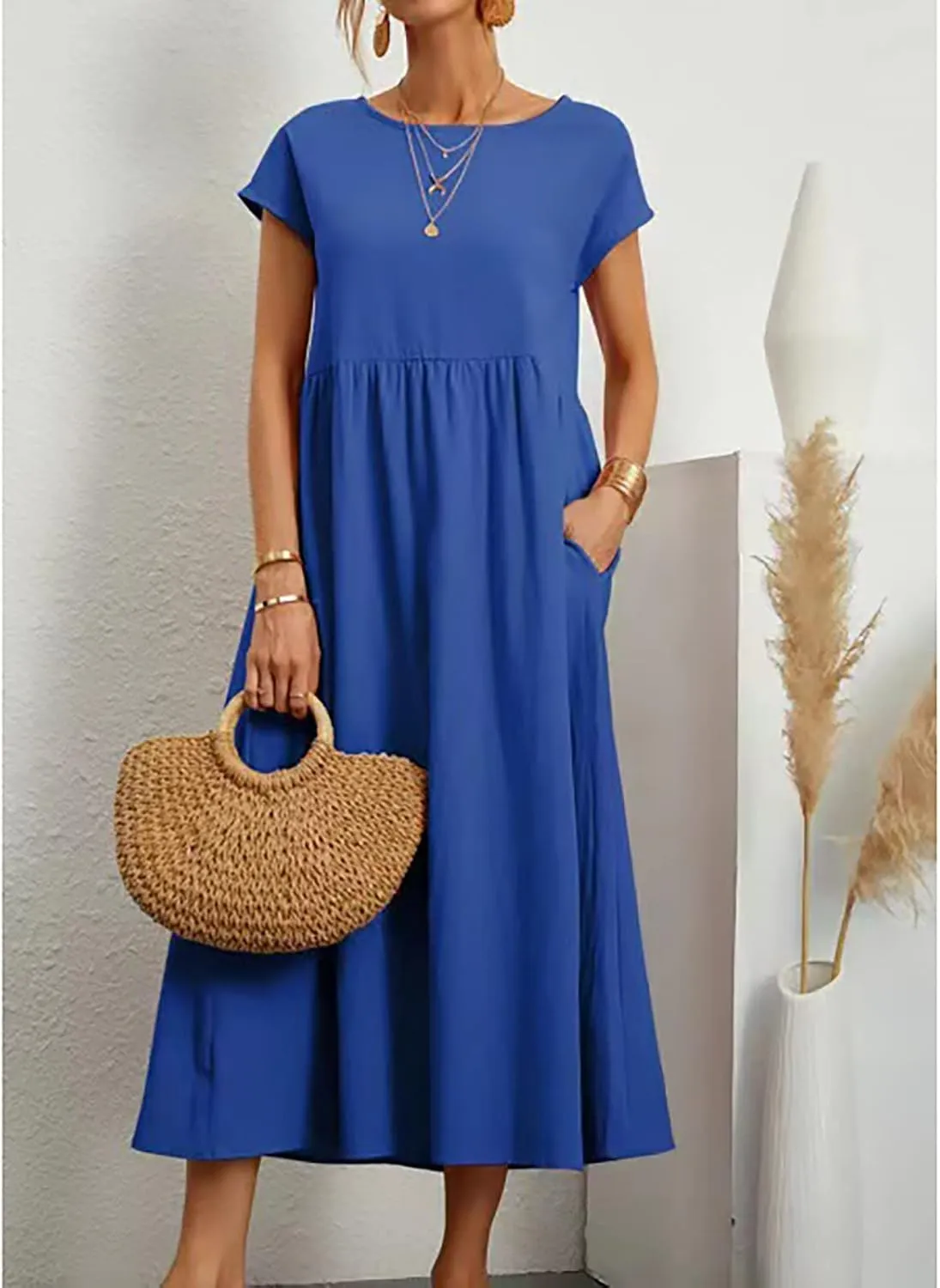 Cotton Dresses with Pockets for Women Casual Summer Midi Dress Solid Plus Size Short Sleeve Knee Length T Shirt Dress