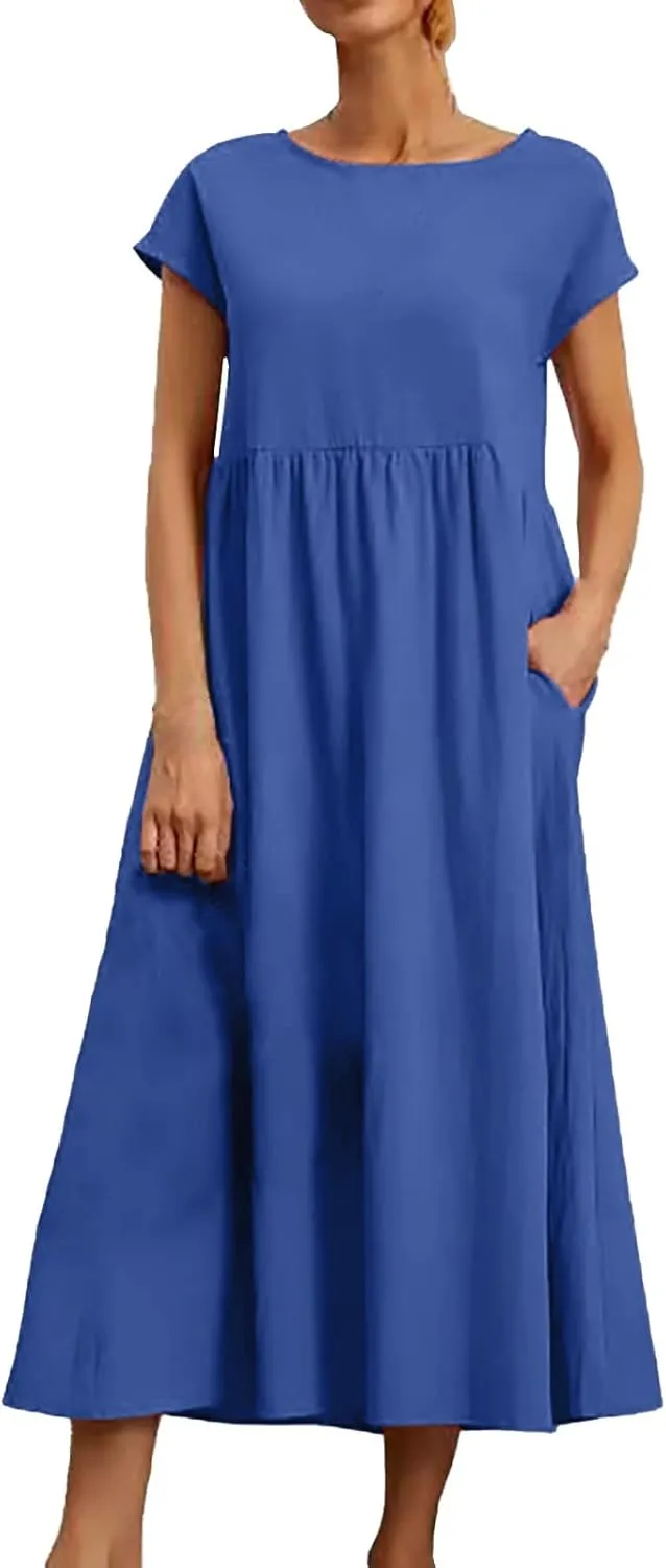 Cotton Dresses with Pockets for Women Casual Summer Midi Dress Solid Plus Size Short Sleeve Knee Length T Shirt Dress