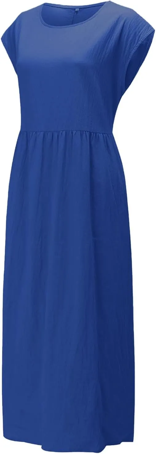 Cotton Dresses with Pockets for Women Casual Summer Midi Dress Solid Plus Size Short Sleeve Knee Length T Shirt Dress