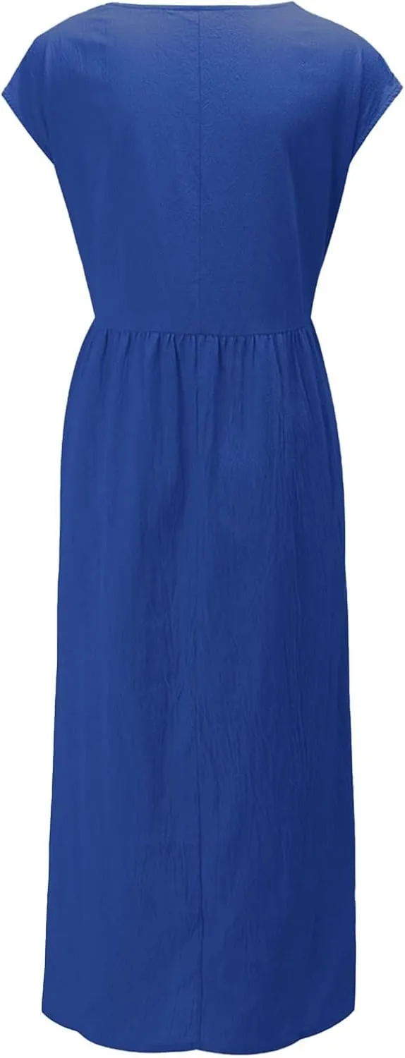 Cotton Dresses with Pockets for Women Casual Summer Midi Dress Solid Plus Size Short Sleeve Knee Length T Shirt Dress