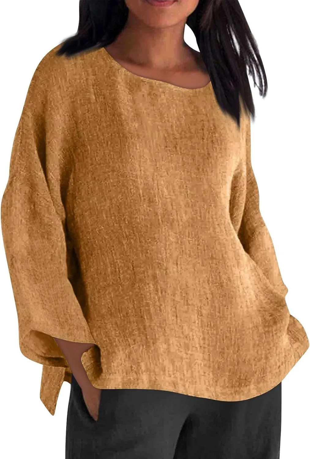 Cotton Linen Shirts for Women Solid Color Basic Long Sleeve Tee Tops Summer Casual Crew Neck Split Hem Tunic Blouses