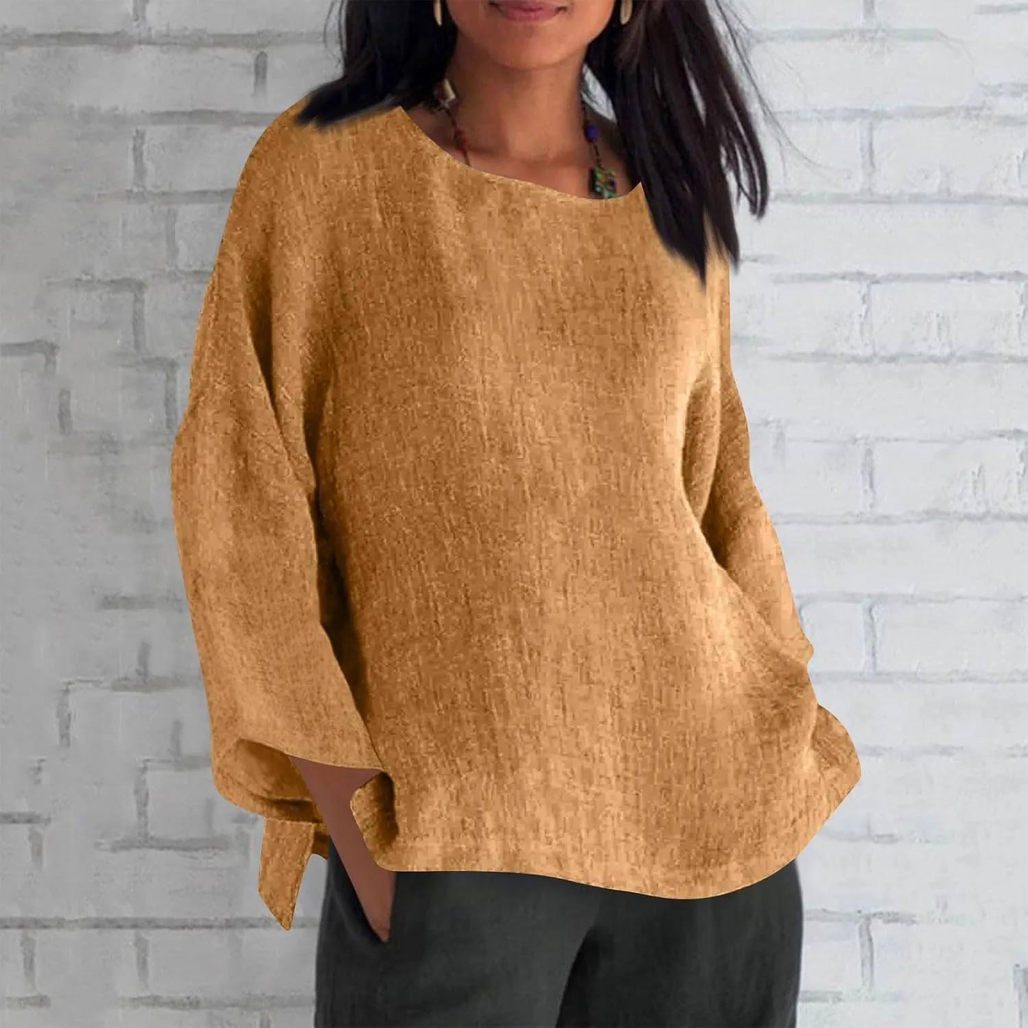 Cotton Linen Shirts for Women Solid Color Basic Long Sleeve Tee Tops Summer Casual Crew Neck Split Hem Tunic Blouses