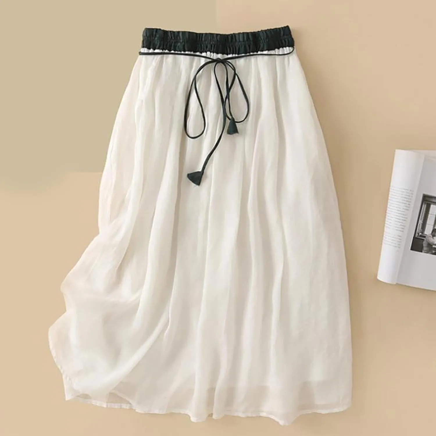 Cotton Linen Skirts for Women 2025 Summer A-Line Elastic Waist Front Strap Solid Skirt Embroidery Vintage Midi Skirts