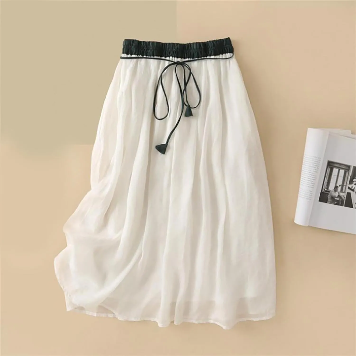 Cotton Linen Skirts for Women 2025 Summer A-Line Elastic Waist Front Strap Solid Skirt Embroidery Vintage Midi Skirts