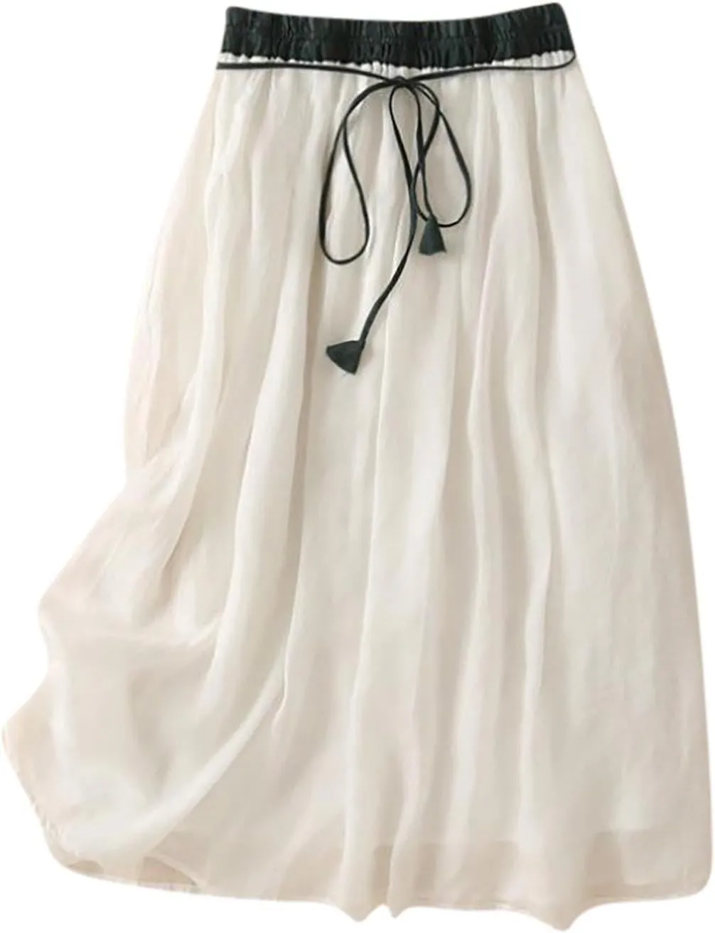 Cotton Linen Skirts for Women 2025 Summer A-Line Elastic Waist Front Strap Solid Skirt Embroidery Vintage Midi Skirts