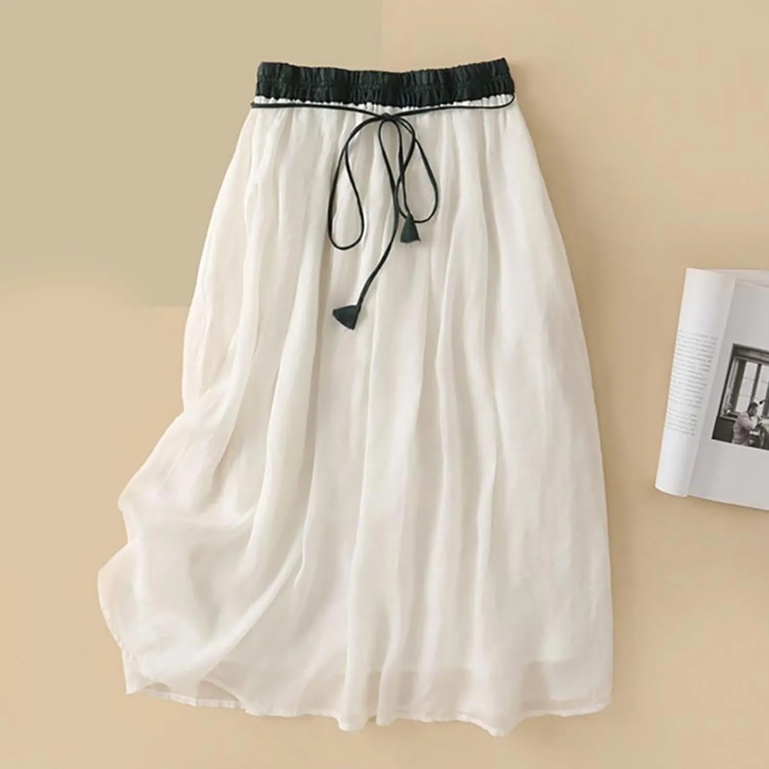 Cotton Linen Skirts for Women 2025 Summer A-Line Elastic Waist Front Strap Solid Skirt Embroidery Vintage Midi Skirts