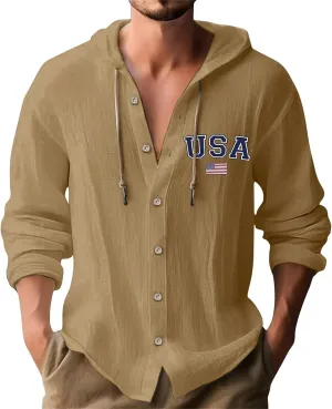 Cotton Shirts for Men Long Sleeve Drawstring Pullover Sweatshirt Casual Button Down Breathable Summer Tops with Hood