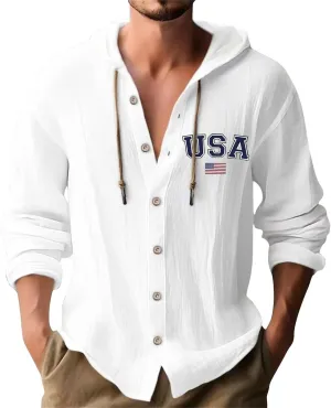 Cotton Shirts for Men Long Sleeve Drawstring Pullover Sweatshirt Casual Button Down Breathable Summer Tops with Hood