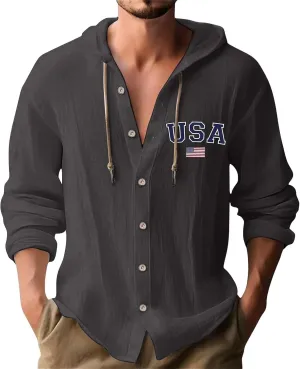 Cotton Shirts for Men Long Sleeve Drawstring Pullover Sweatshirt Casual Button Down Breathable Summer Tops with Hood