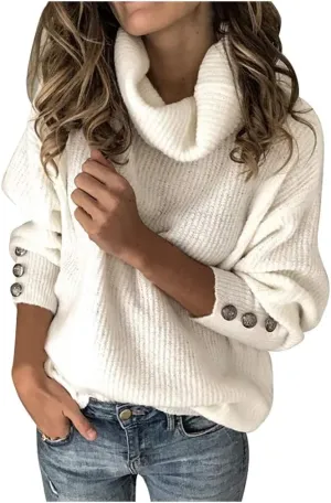 CRNTCEM Womens Cotton Turtleneck Sweater 2024 Winter Thick Cable Knitted Jumper Cowl Neck Long Sleeve Chunky Pullover Sweater