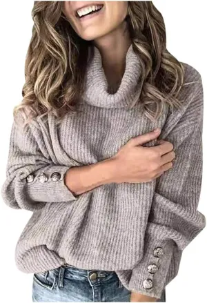 CRNTCEM Womens Cotton Turtleneck Sweater 2024 Winter Thick Cable Knitted Jumper Cowl Neck Long Sleeve Chunky Pullover Sweater