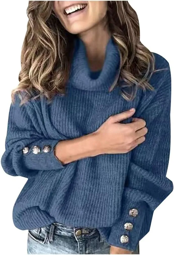 CRNTCEM Womens Cotton Turtleneck Sweater 2024 Winter Thick Cable Knitted Jumper Cowl Neck Long Sleeve Chunky Pullover Sweater
