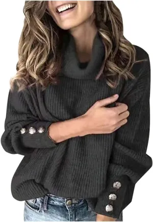 CRNTCEM Womens Cotton Turtleneck Sweater 2024 Winter Thick Cable Knitted Jumper Cowl Neck Long Sleeve Chunky Pullover Sweater