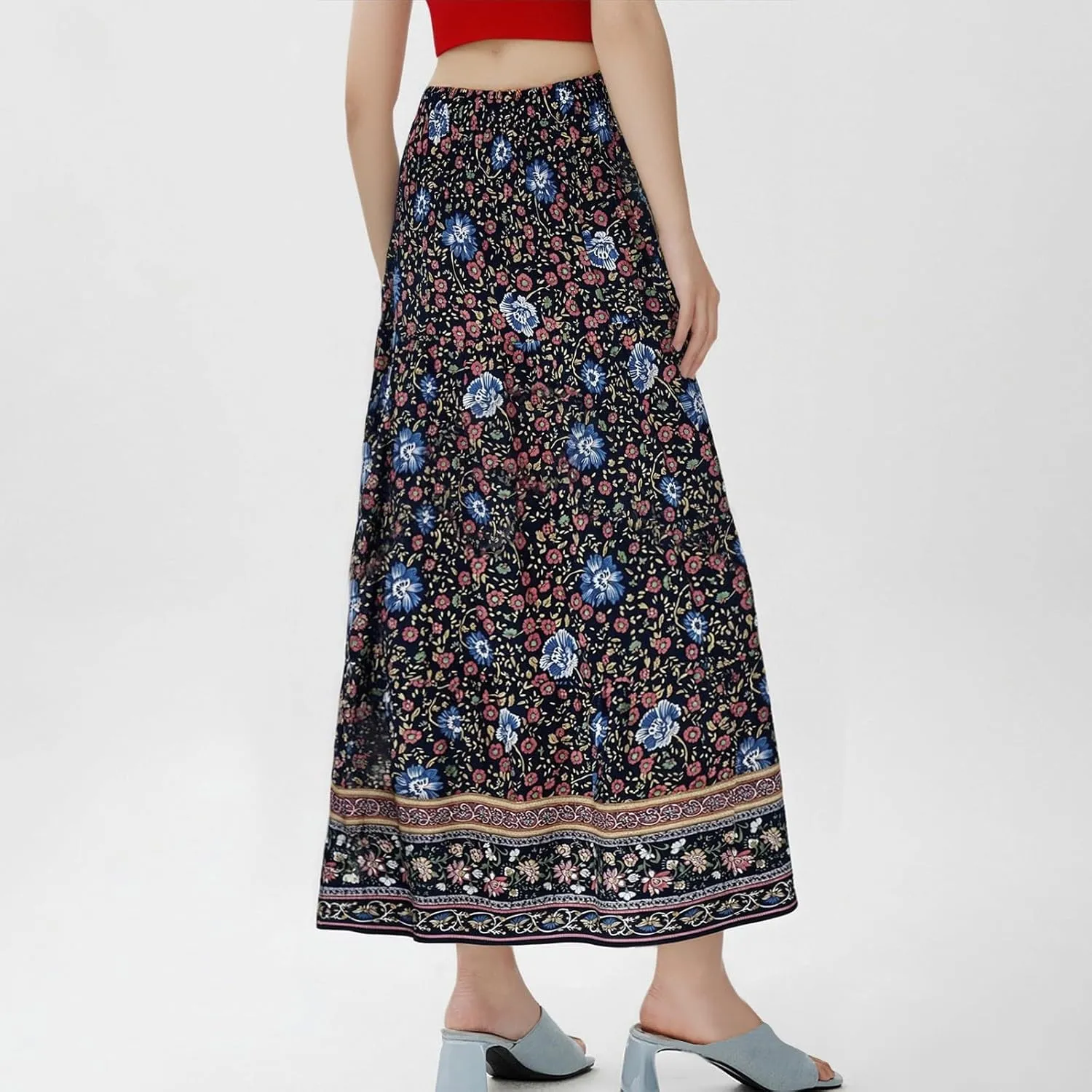 Cute Summer Skirts for Women Beach Maxi Skirt Drawstring High Waisted Smocked Tiered A Line Flowy Long Beach Skirt
