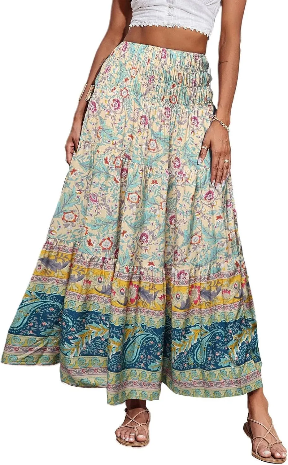 Cute Summer Skirts for Women Beach Maxi Skirt Drawstring High Waisted Smocked Tiered A Line Flowy Long Beach Skirt