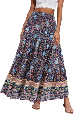 Cute Summer Skirts for Women Beach Maxi Skirt Drawstring High Waisted Smocked Tiered A Line Flowy Long Beach Skirt