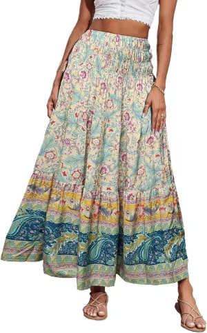 Cute Summer Skirts for Women Beach Maxi Skirt Drawstring High Waisted Smocked Tiered A Line Flowy Long Beach Skirt