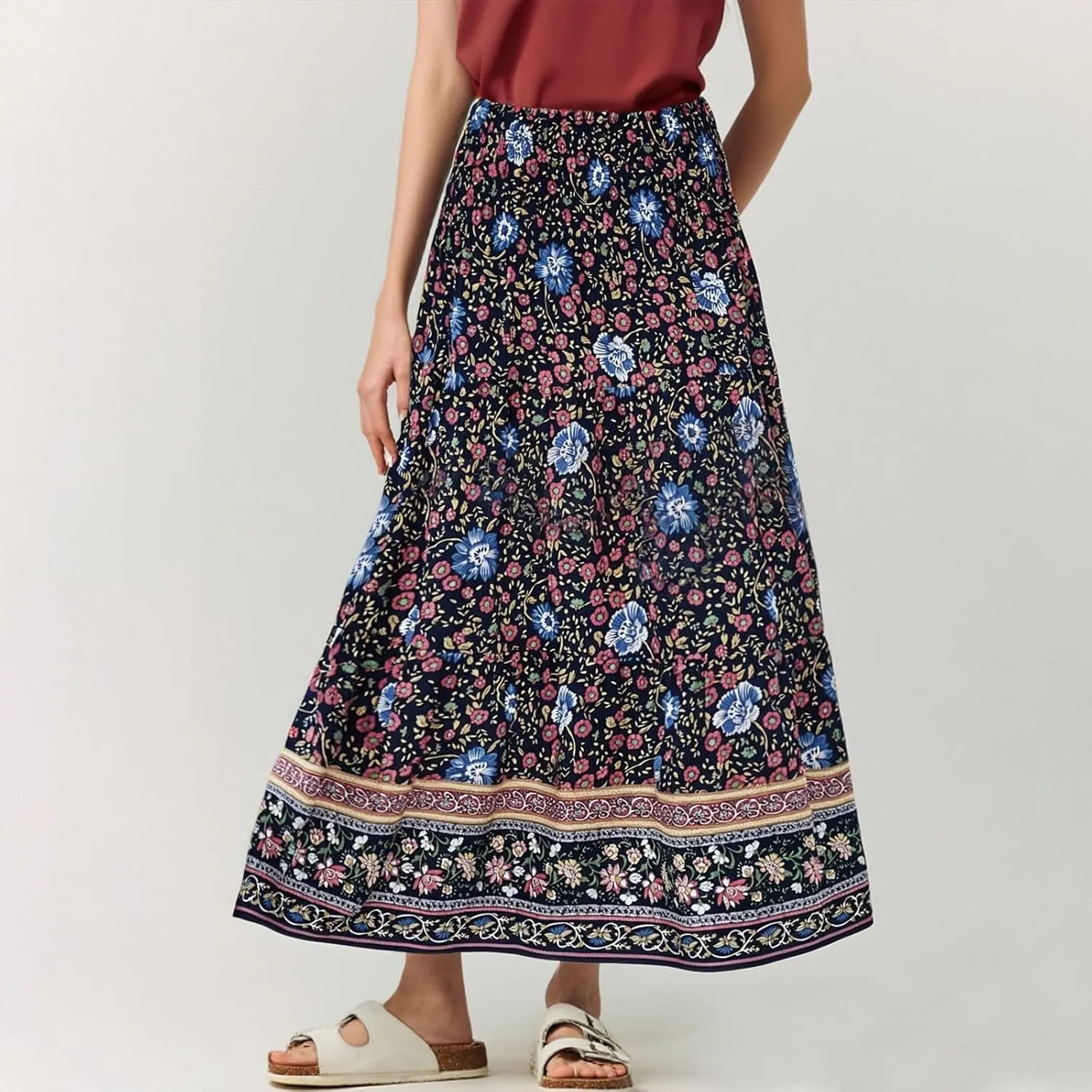 Cute Summer Skirts for Women Beach Maxi Skirt Drawstring High Waisted Smocked Tiered A Line Flowy Long Beach Skirt