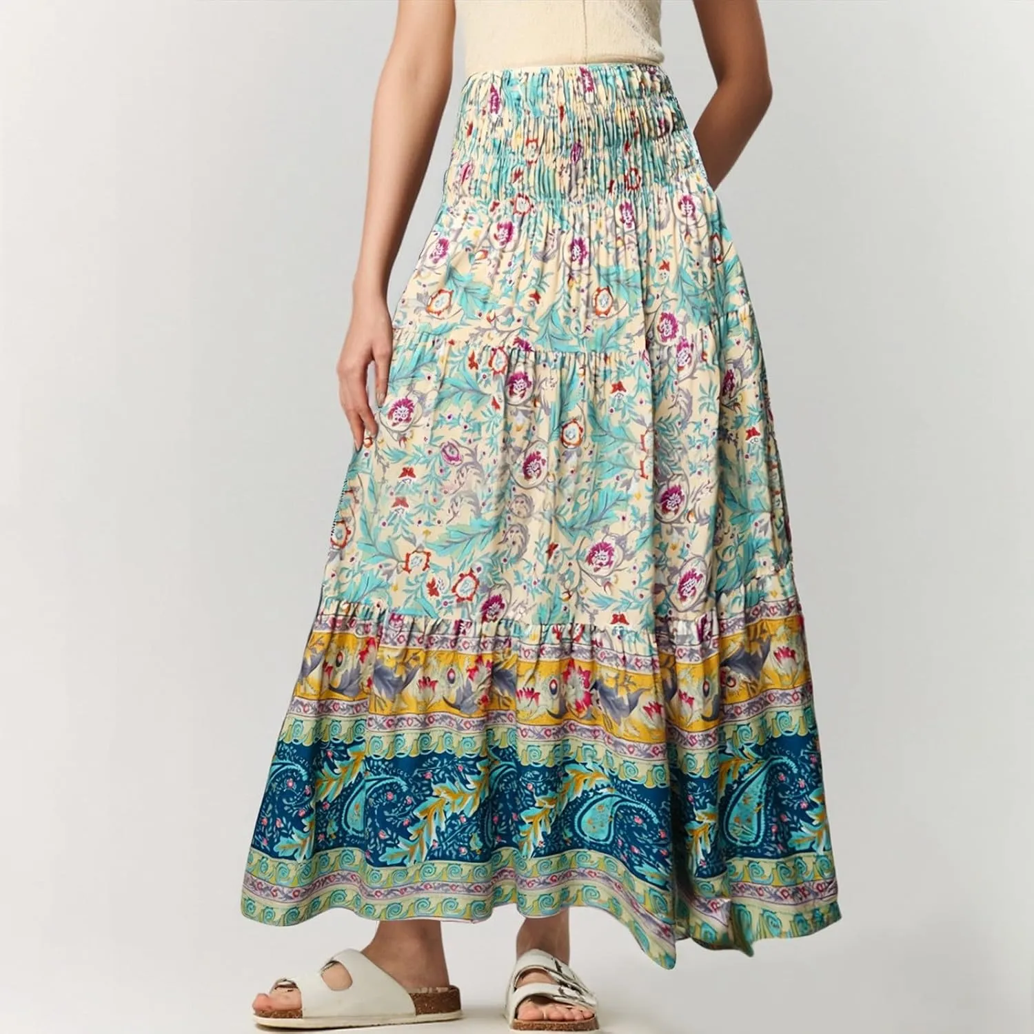 Cute Summer Skirts for Women Beach Maxi Skirt Drawstring High Waisted Smocked Tiered A Line Flowy Long Beach Skirt