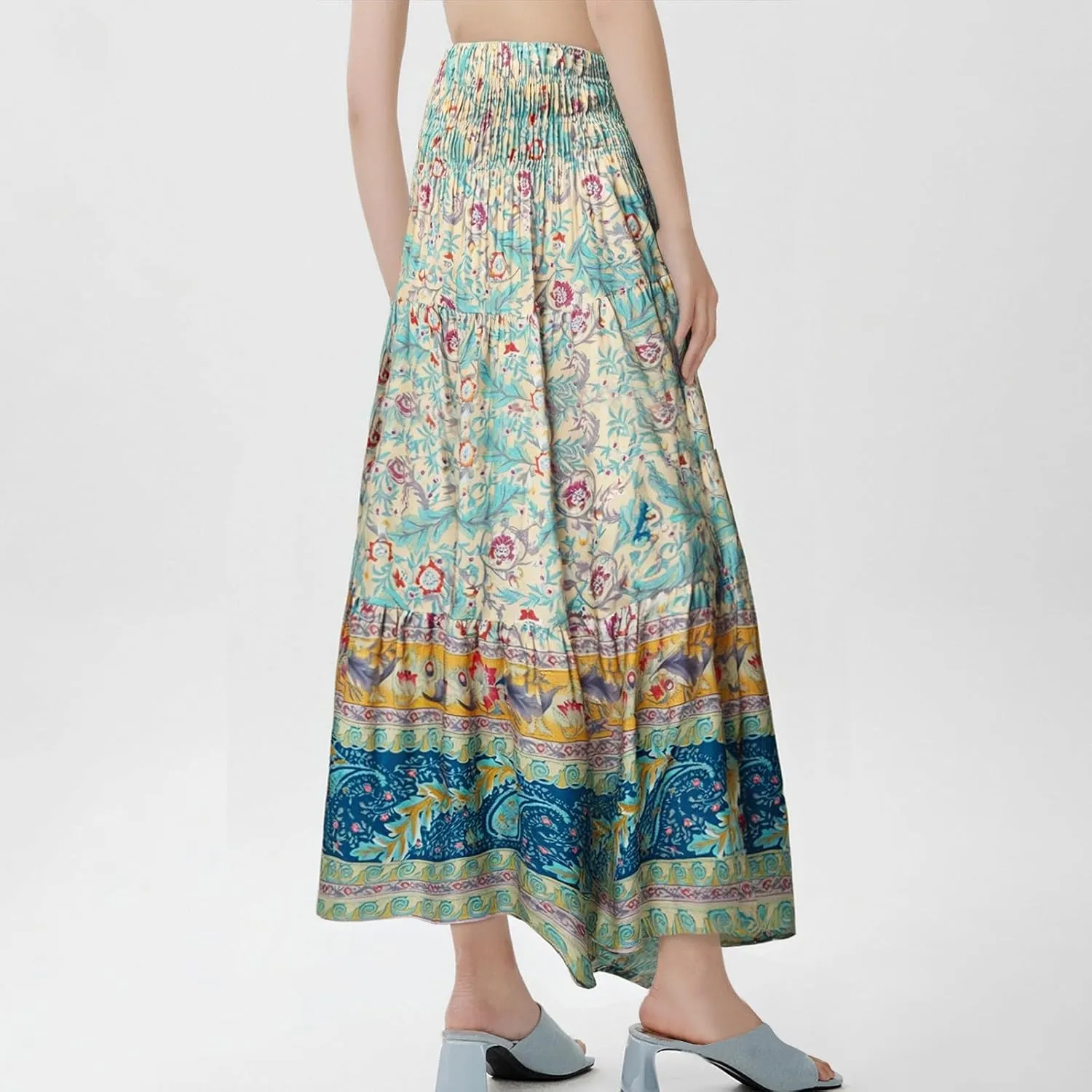 Cute Summer Skirts for Women Beach Maxi Skirt Drawstring High Waisted Smocked Tiered A Line Flowy Long Beach Skirt