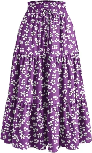 DDAPJ pyju High Waist Tiered Skirts for Women Boho Summer Floral Printed Flowy Skirts Drawstring Long Skirt with Pockets