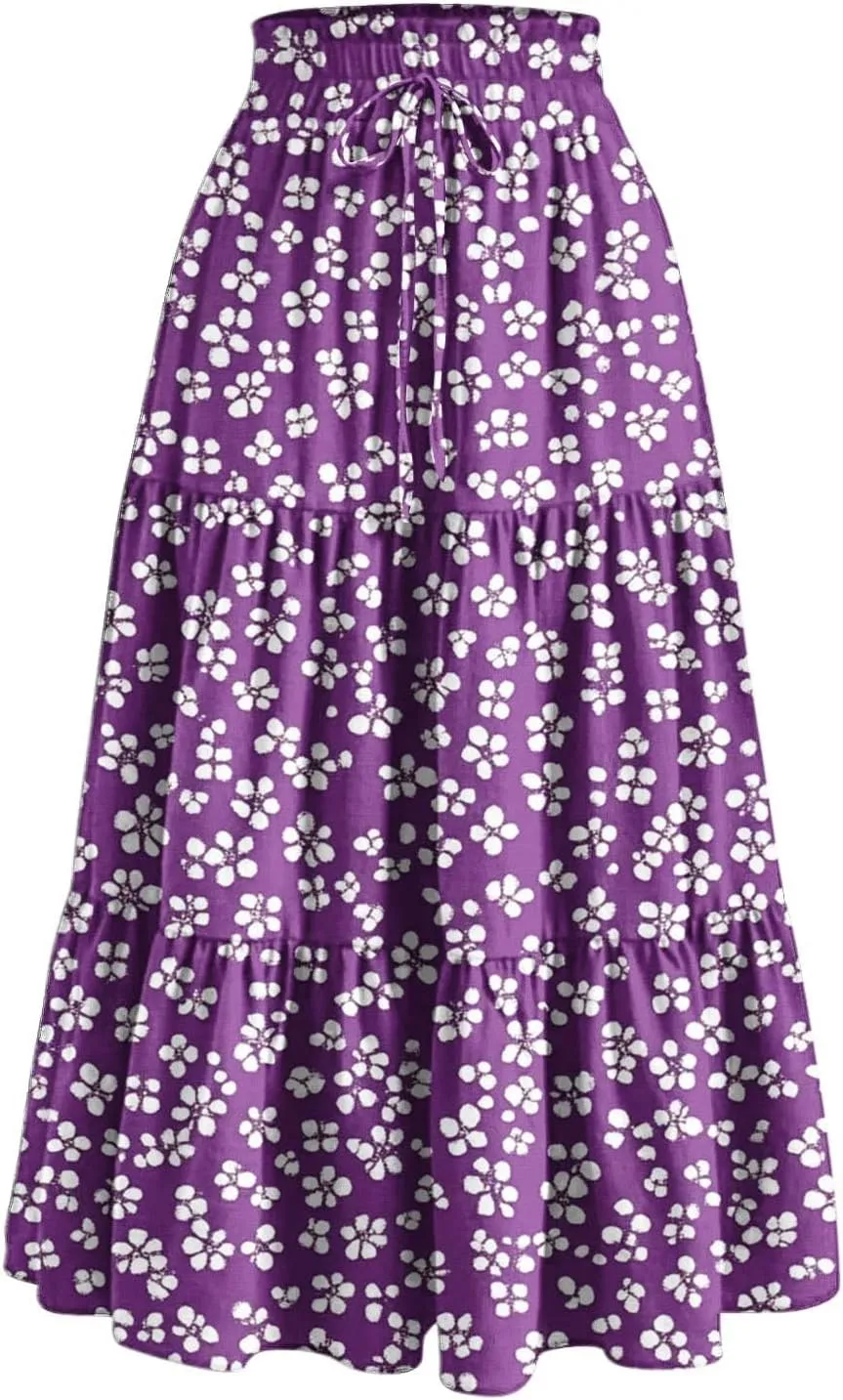 DDAPJ pyju High Waist Tiered Skirts for Women Boho Summer Floral Printed Flowy Skirts Drawstring Long Skirt with Pockets