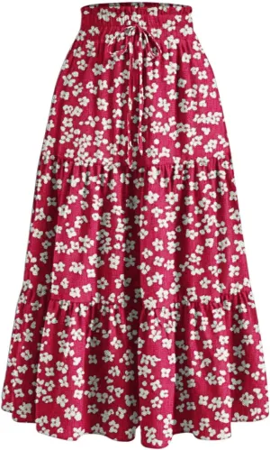 DDAPJ pyju High Waist Tiered Skirts for Women Boho Summer Floral Printed Flowy Skirts Drawstring Long Skirt with Pockets