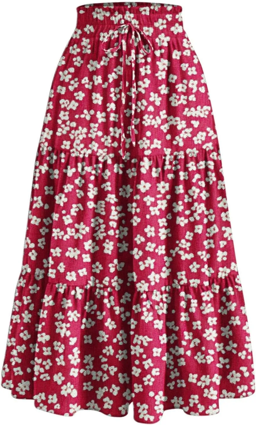 DDAPJ pyju High Waist Tiered Skirts for Women Boho Summer Floral Printed Flowy Skirts Drawstring Long Skirt with Pockets