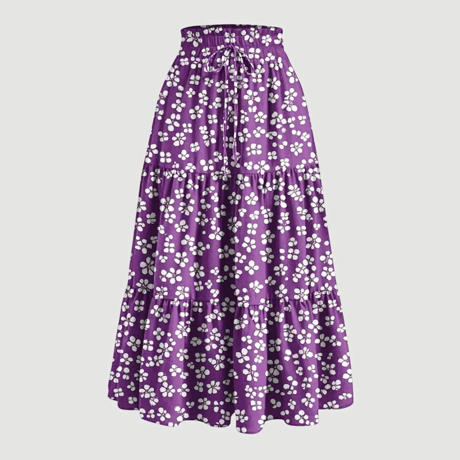 DDAPJ pyju High Waist Tiered Skirts for Women Boho Summer Floral Printed Flowy Skirts Drawstring Long Skirt with Pockets