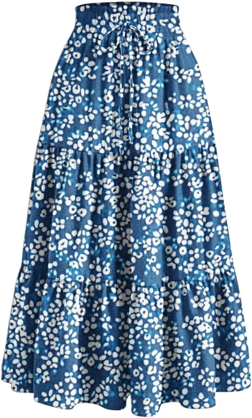 DDAPJ pyju High Waist Tiered Skirts for Women Boho Summer Floral Printed Flowy Skirts Drawstring Long Skirt with Pockets